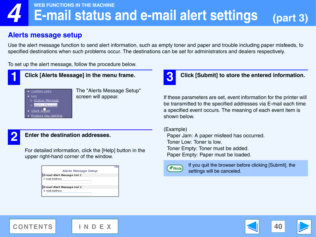 Sharp AR-NB2 A manual Alerts message setup, Click Alerts Message in the menu frame, Enter the destination addresses 