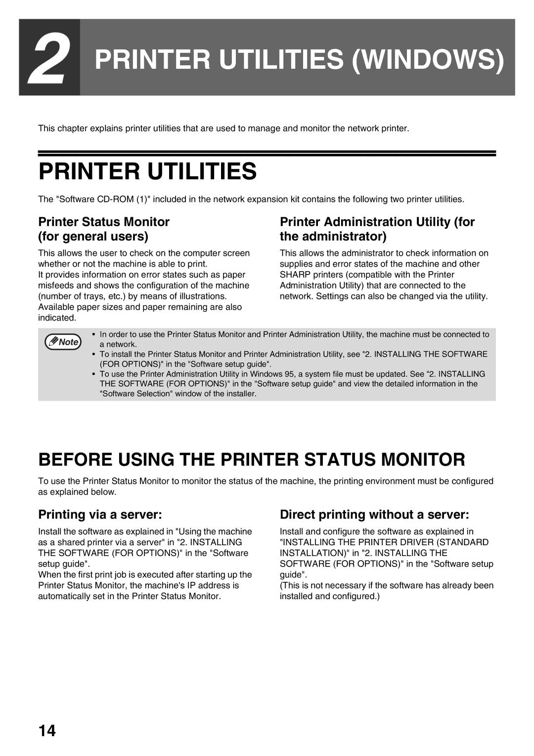 Sharp AR-NB3 operation manual Printer Utilities Windows, Before Using the Printer Status Monitor 