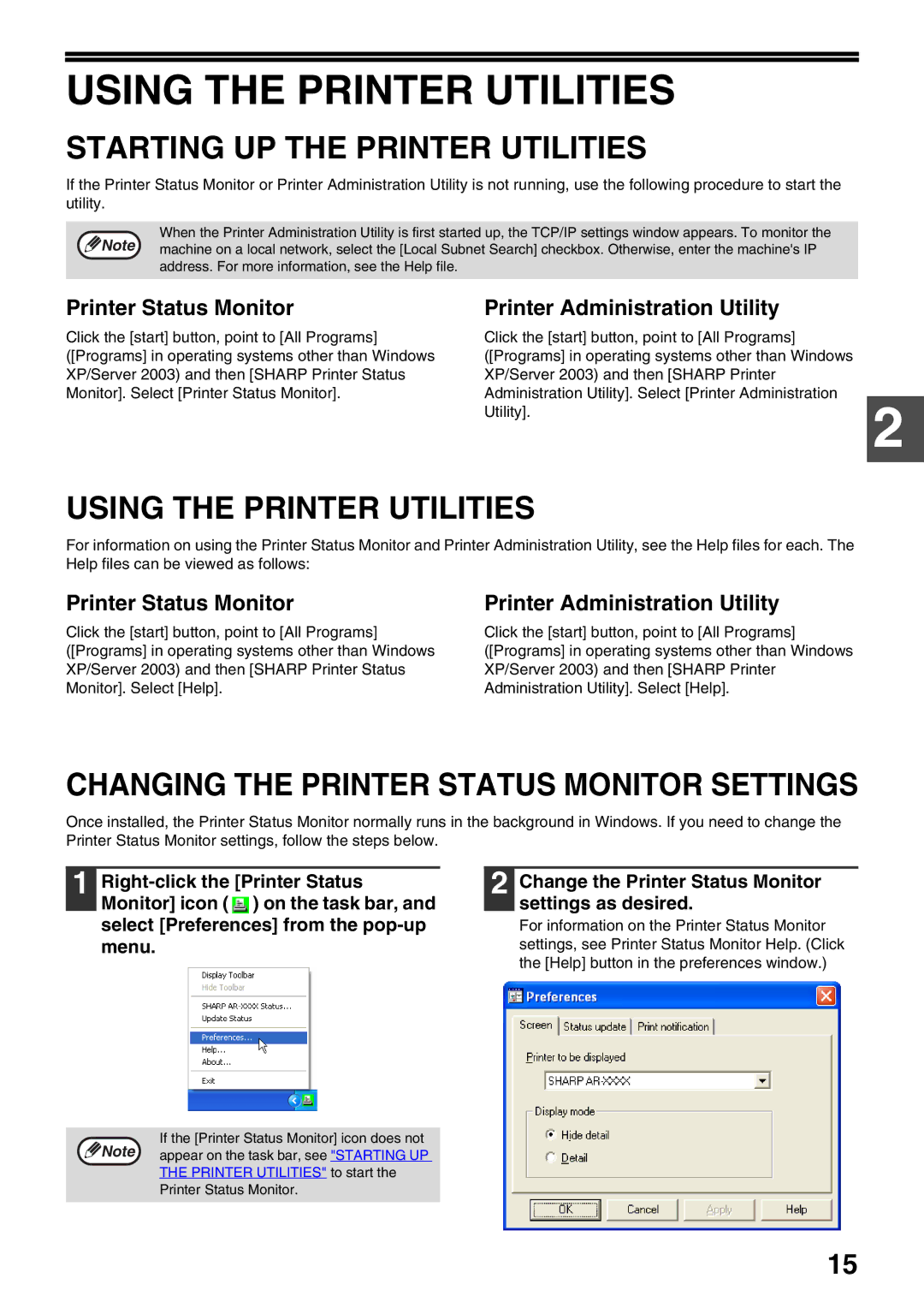 Sharp AR-NB3 operation manual Using the Printer Utilities, Starting UP the Printer Utilities, Printer Status Monitor 