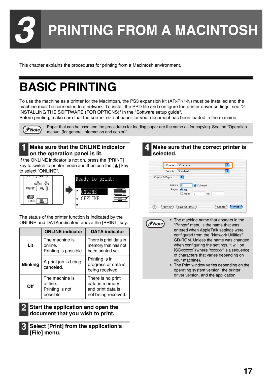 Sharp AR-NB3 Printing from a Macintosh, Make sure that the correct printer is selected, Online indicator Data indicator 