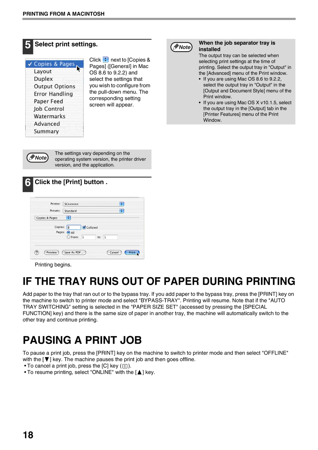 Sharp AR-NB3 operation manual Select print settings, Click the Print button, When the job separator tray is Note installed 