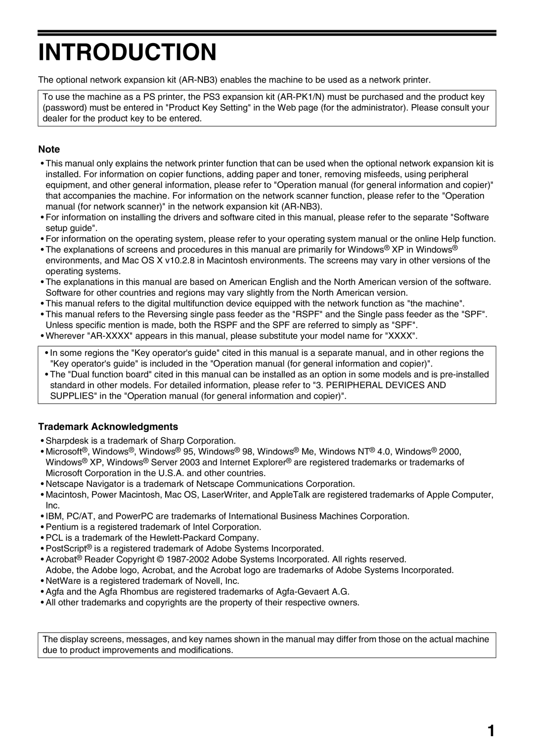 Sharp AR-NB3 operation manual Introduction, Trademark Acknowledgments 