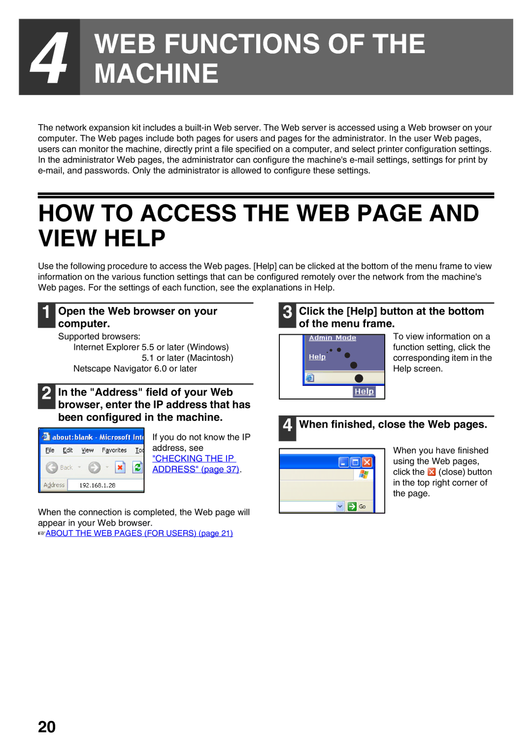 Sharp AR-NB3 WEB Functions of the Machine, HOW to Access the WEB page and View Help, Open the Web browser on your computer 