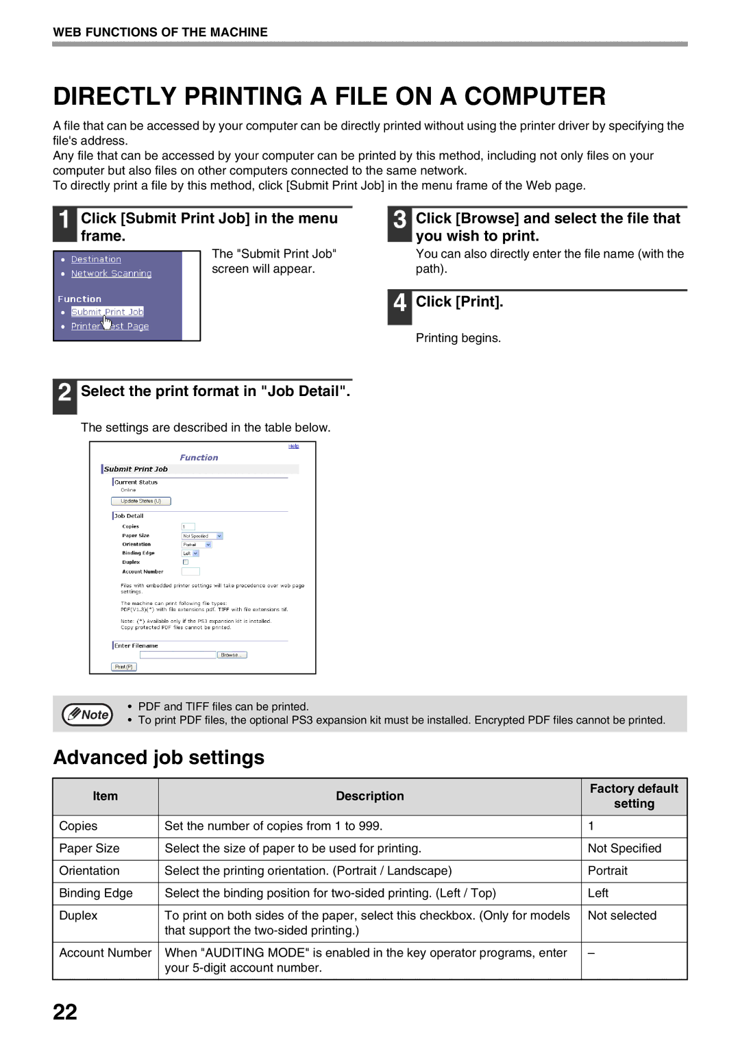 Sharp AR-NB3 operation manual Directly Printing a File on a Computer, Advanced job settings, Click Print 