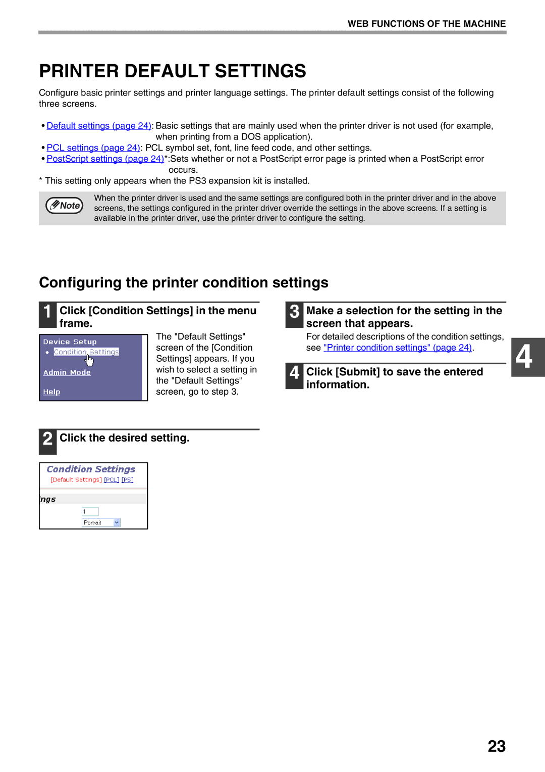 Sharp AR-NB3 operation manual Printer Default Settings, Configuring the printer condition settings 