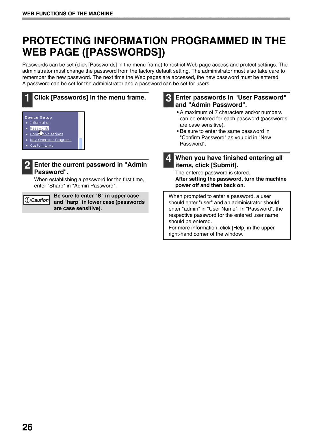 Sharp AR-NB3 Protecting Information Programmed in the WEB page Passwords, Enter the current password in Admin Password 