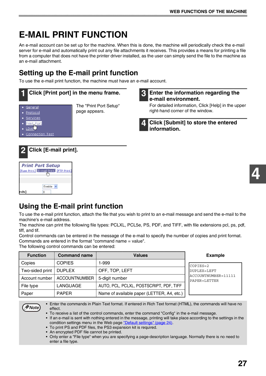 Sharp AR-NB3 operation manual Mail Print Function, Setting up the E-mail print function, Using the E-mail print function 