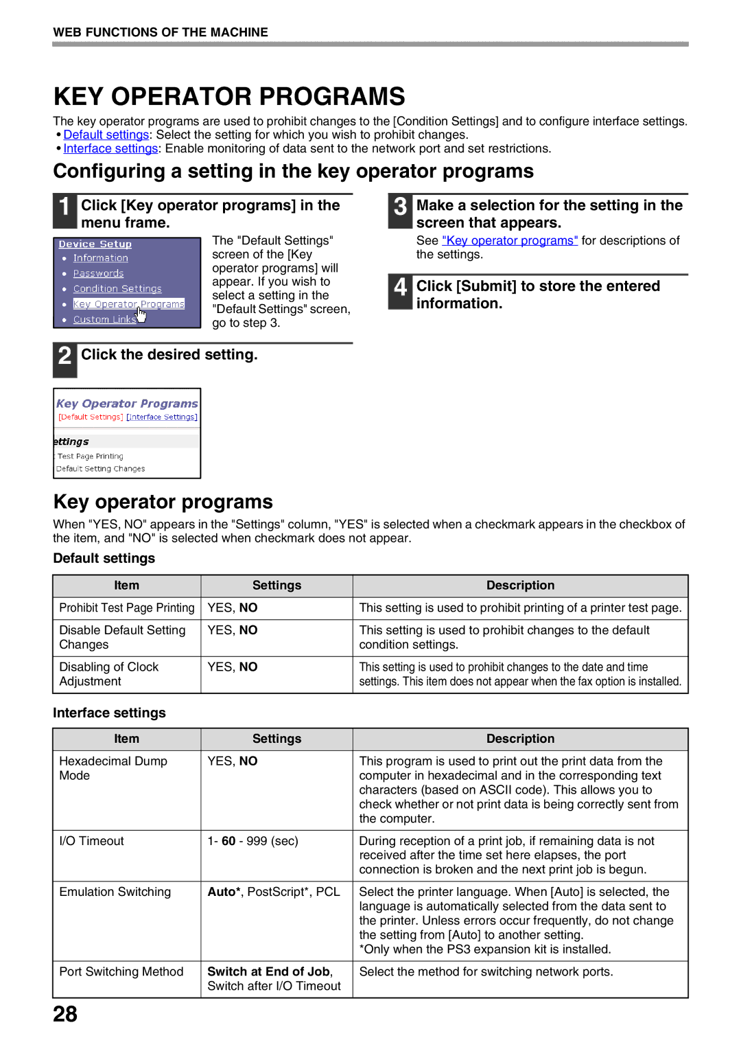 Sharp AR-NB3 KEY Operator Programs, Configuring a setting in the key operator programs, Key operator programs 