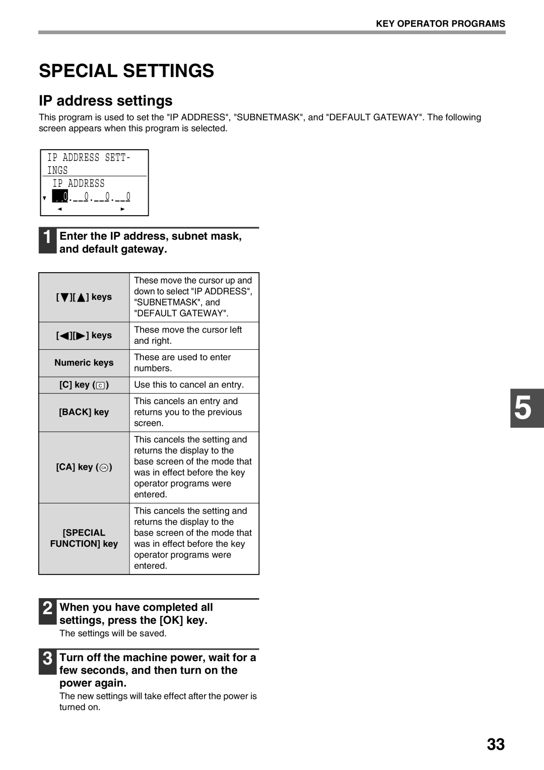 Sharp AR-NB3 operation manual Special Settings, IP address settings, Enter the IP address, subnet mask, and default gateway 