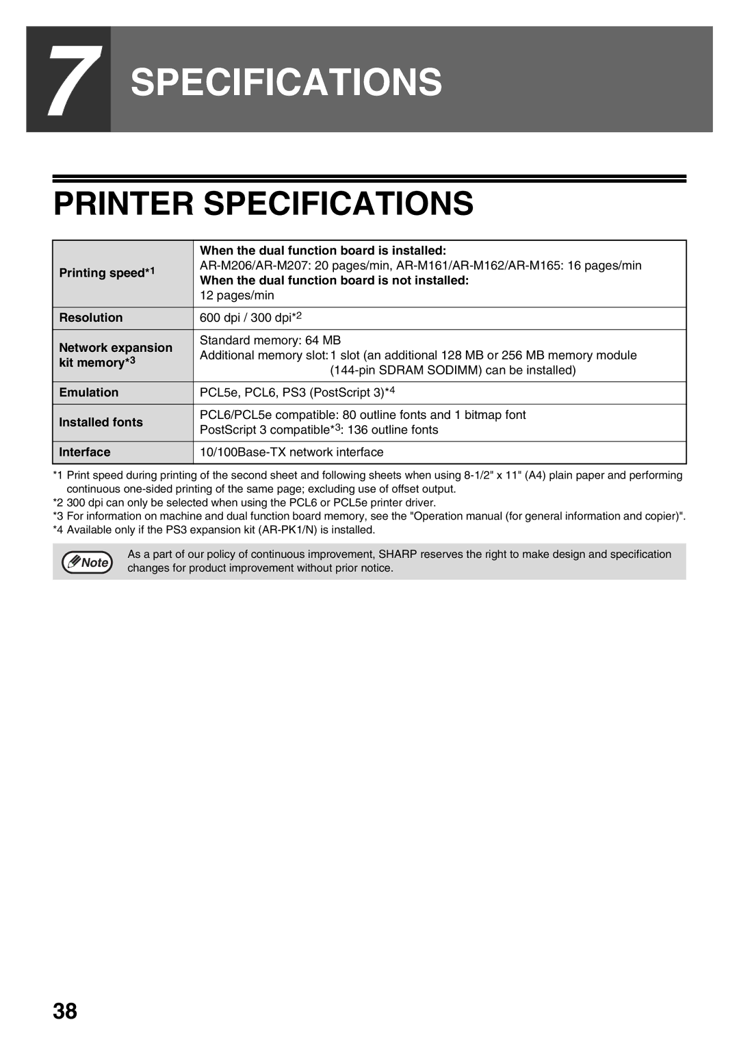 Sharp AR-NB3 operation manual Printer Specifications 