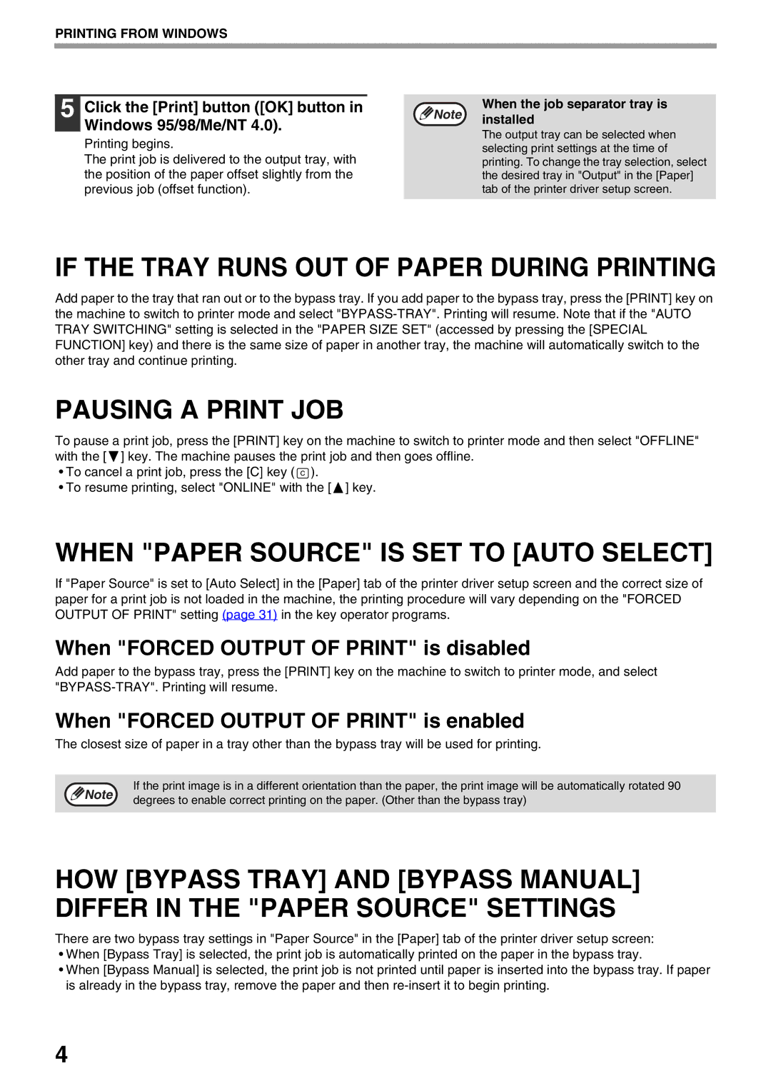 Sharp AR-NB3 If the Tray Runs OUT of Paper During Printing, Pausing a Print JOB, When Paper Source is SET to Auto Select 