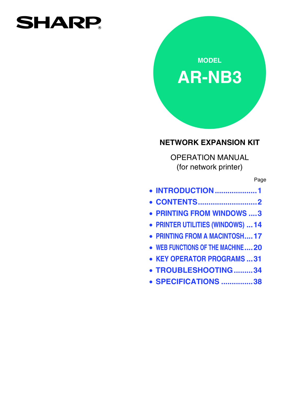 Sharp AR-NB3 operation manual Network Expansion Kit, Page, Web Functions Of The Machine, Operation Manual, Introduction 