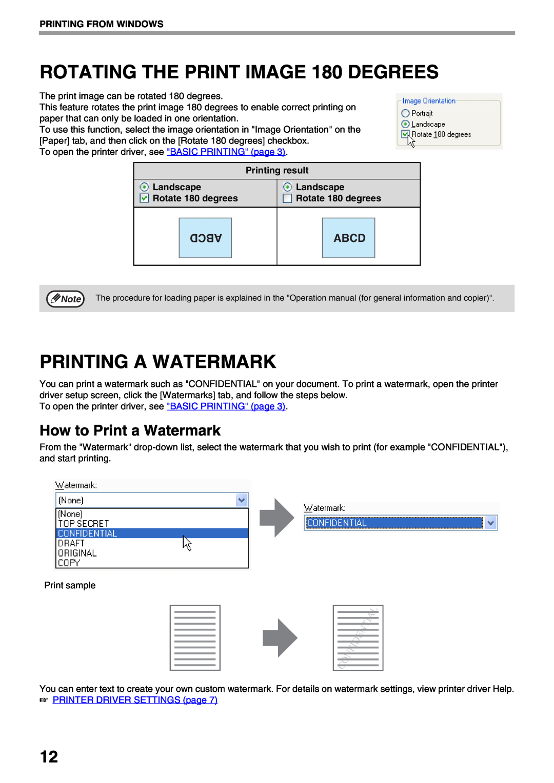Sharp AR-NB3 operation manual ROTATING THE PRINT IMAGE 180 DEGREES, Printing A Watermark, How to Print a Watermark, Abcd 