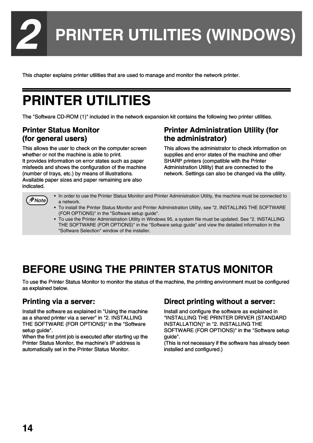 Sharp AR-NB3 operation manual Printer Utilities Windows, Before Using The Printer Status Monitor, Printing via a server 