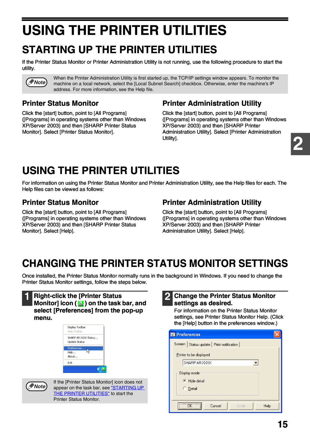 Sharp AR-NB3 Using The Printer Utilities, Starting Up The Printer Utilities, Changing The Printer Status Monitor Settings 