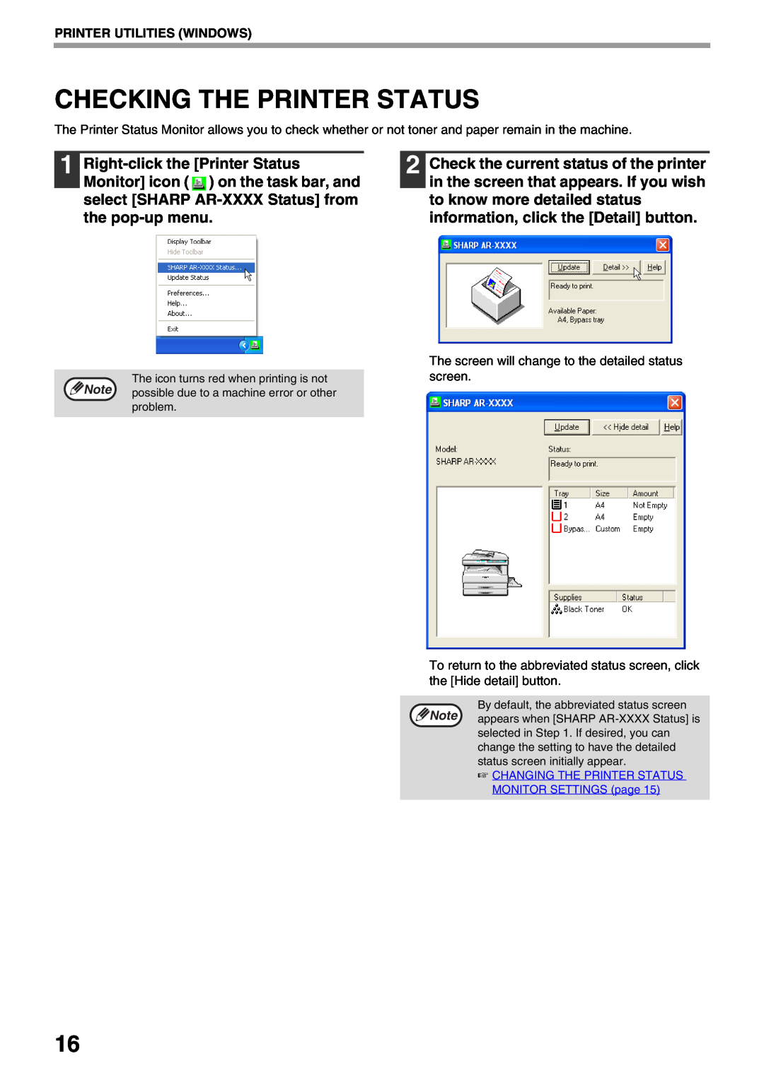 Sharp AR-NB3 operation manual Checking The Printer Status, Printer Utilities Windows 
