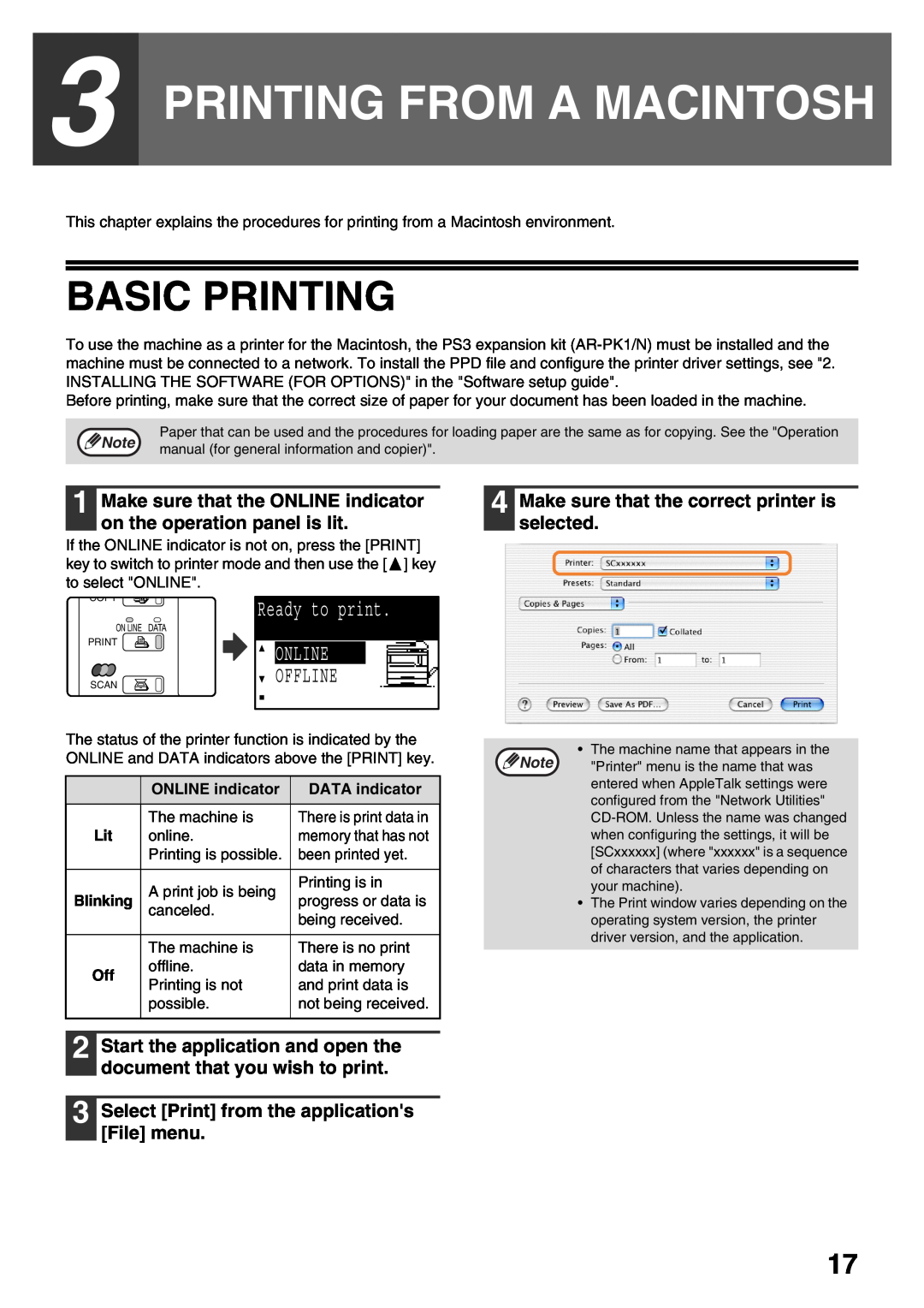 Sharp AR-NB3 Printing From A Macintosh, Make sure that the correct printer is selected, Basic Printing, Ready to print 