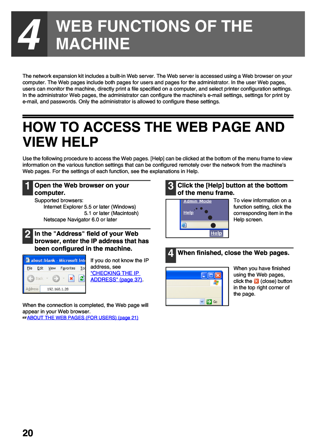 Sharp AR-NB3 Web Functions Of The Machine, How To Access The Web Page And View Help, Open the Web browser on your computer 