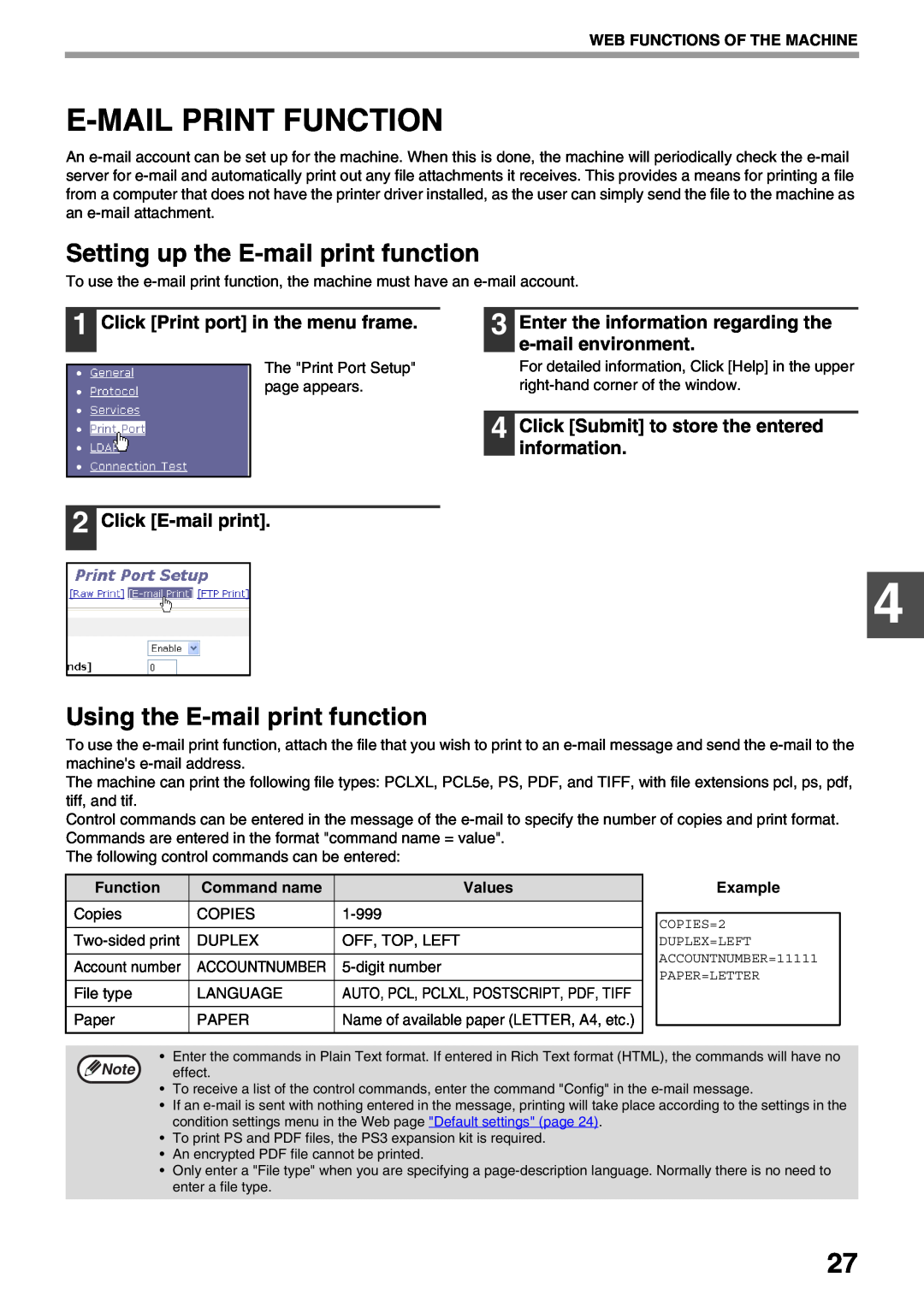 Sharp AR-NB3 operation manual E-Mail Print Function, Setting up the E-mail print function, Using the E-mail print function 