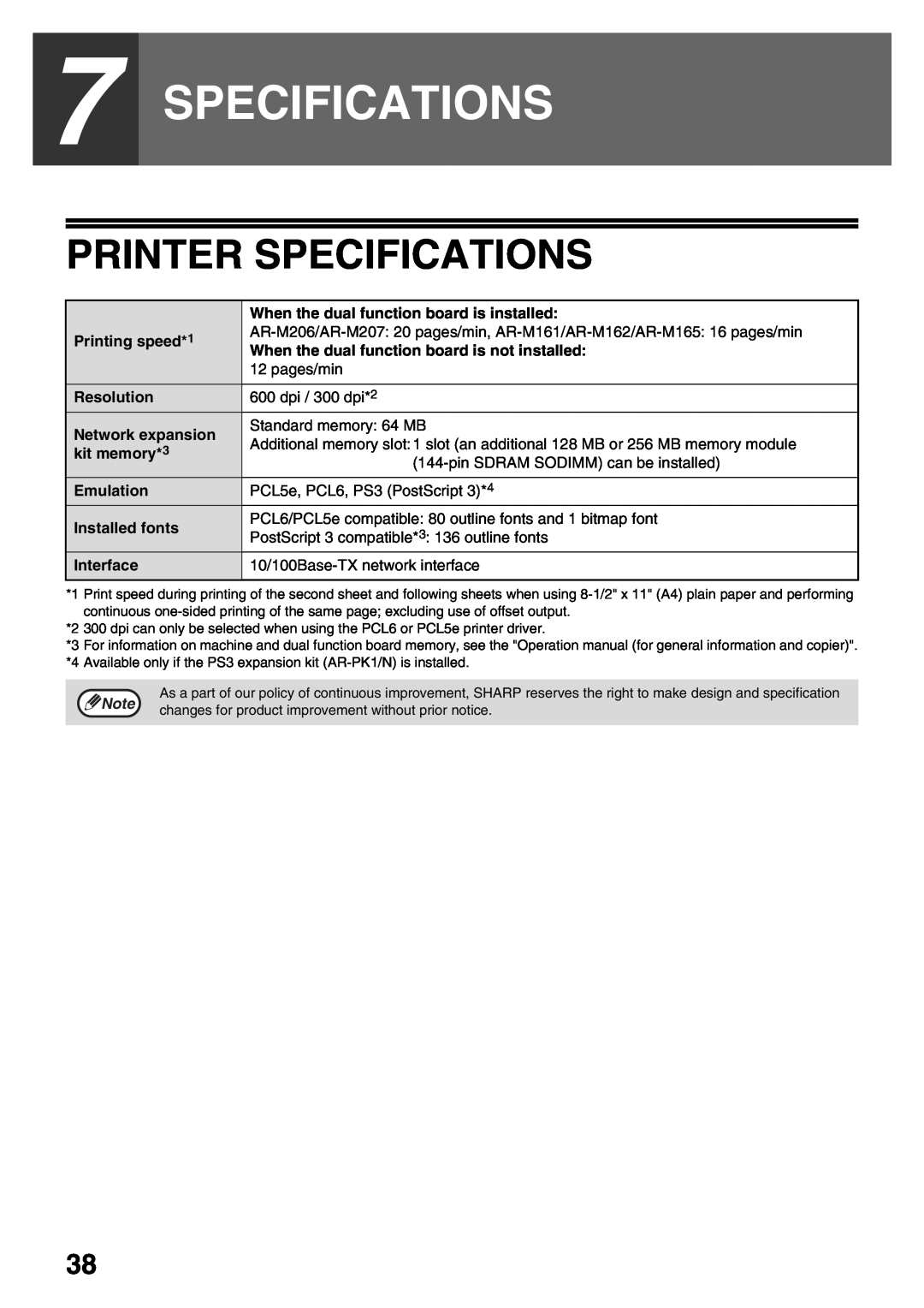 Sharp AR-NB3 operation manual Printer Specifications 