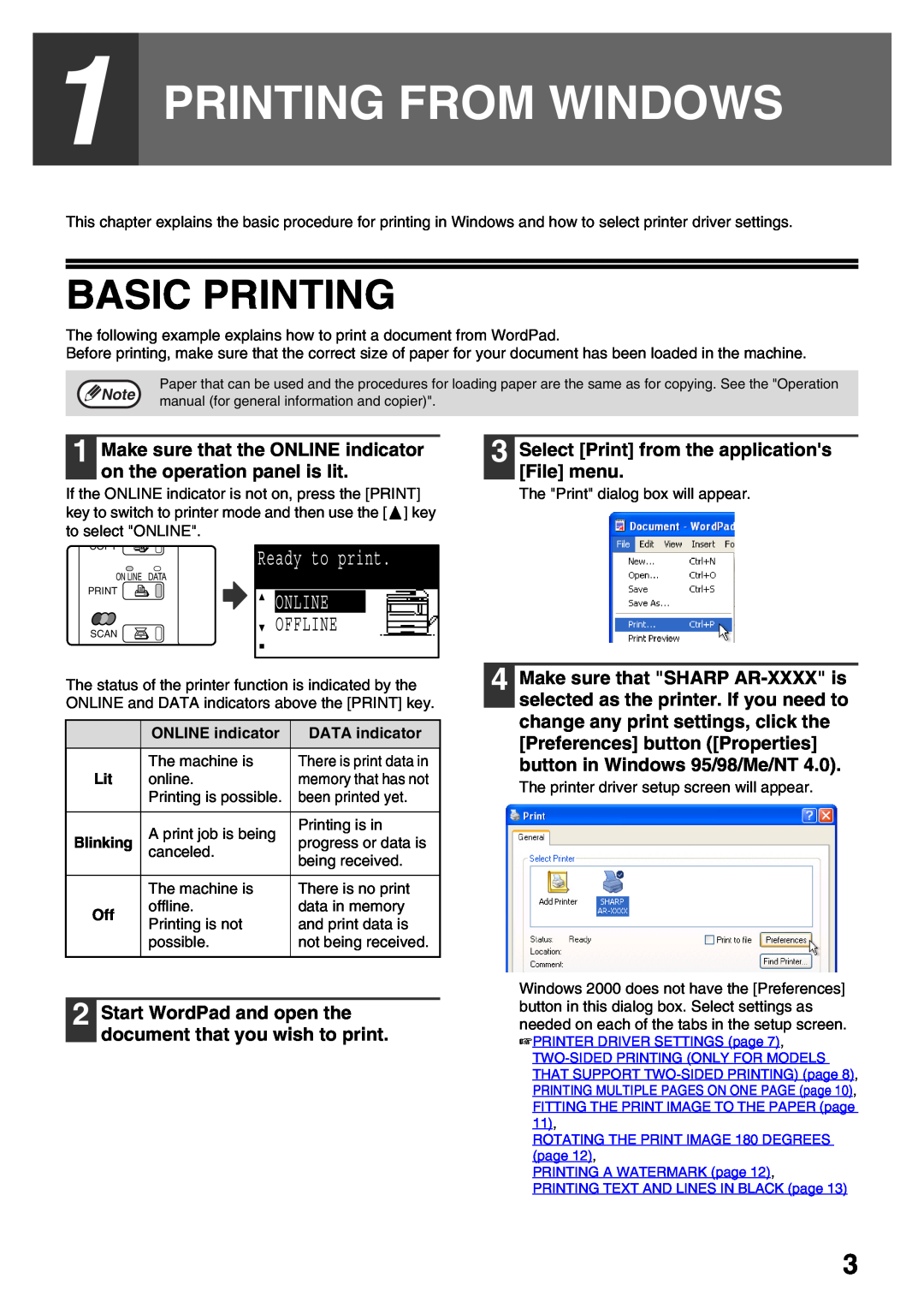 Sharp AR-NB3 operation manual Printing From Windows, Basic Printing, Ready to print, Online, Offline 
