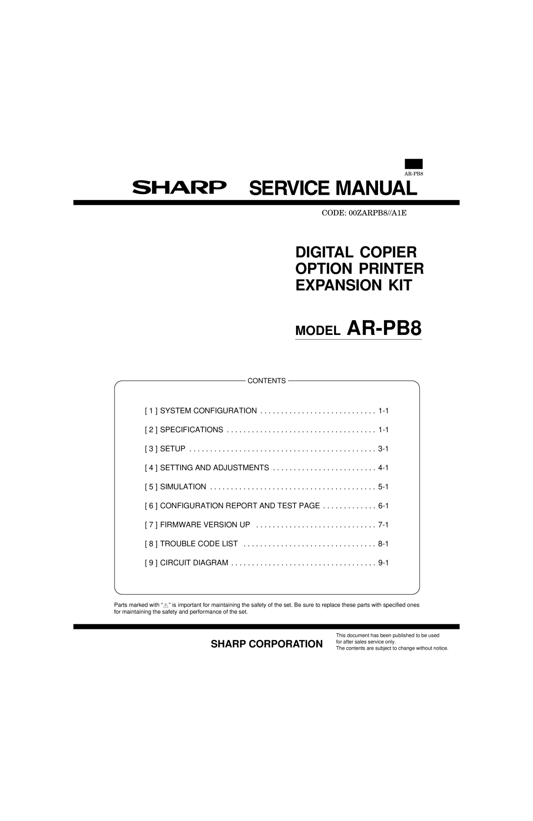 Sharp AR-PB8 specifications Digital Copier Option Printer Expansion KIT 