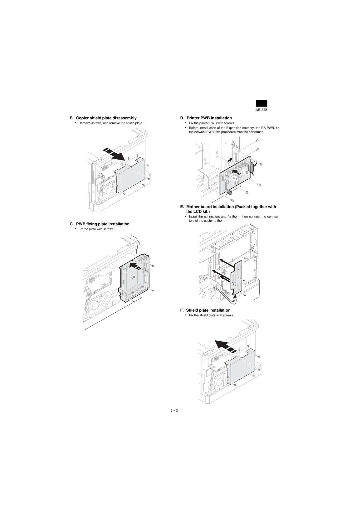 Sharp AR-PB8 specifications Copier shield plate disassembly Printer PWB installation, PWB fixing plate installation 