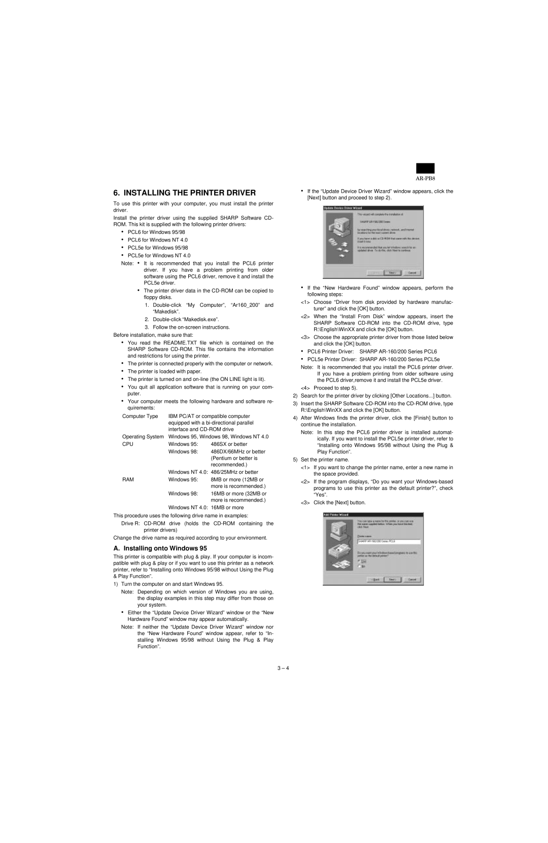 Sharp AR-PB8 specifications Installing the Printer Driver, Installing onto Windows 