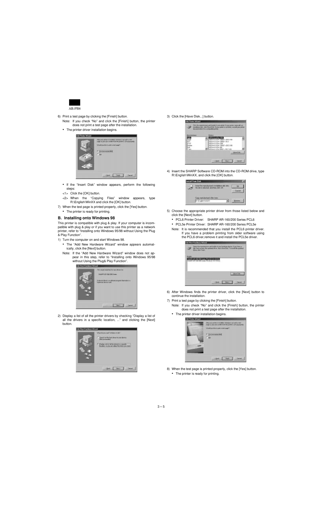 Sharp AR-PB8 specifications Installing onto Windows 