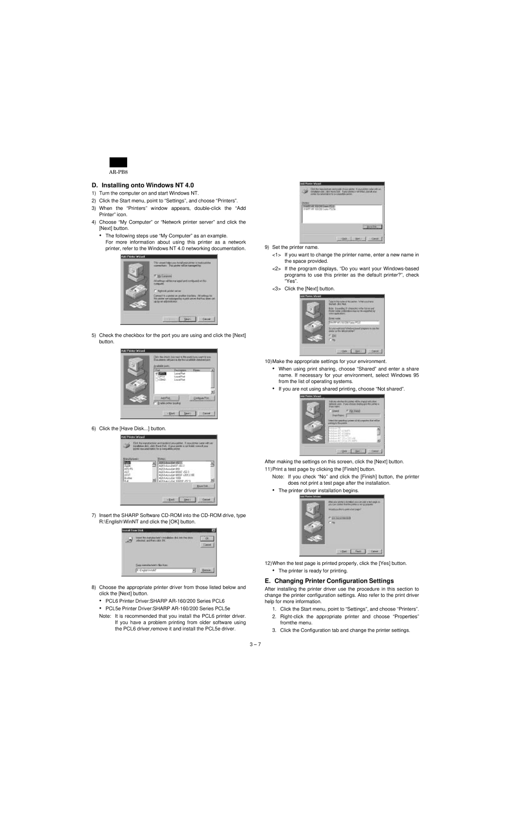 Sharp AR-PB8 specifications Installing onto Windows NT, Changing Printer Configuration Settings 