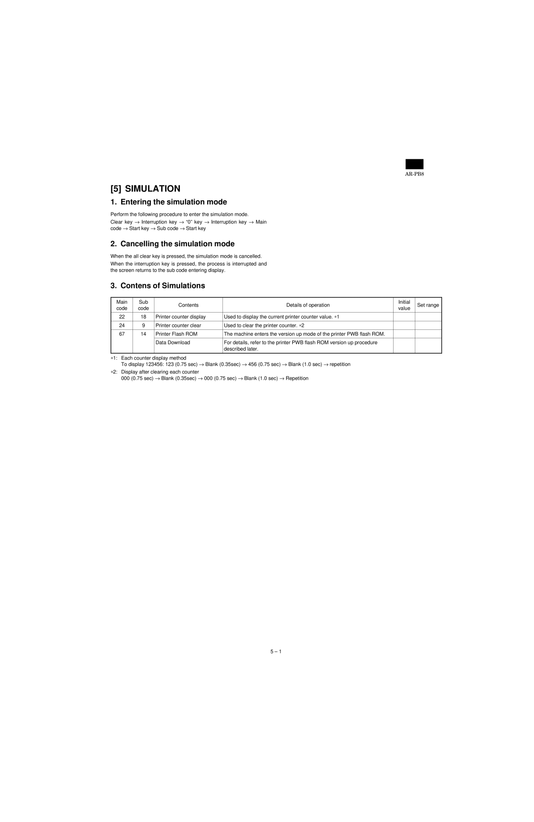 Sharp AR-PB8 specifications Entering the simulation mode, Cancelling the simulation mode, Contens of Simulations 