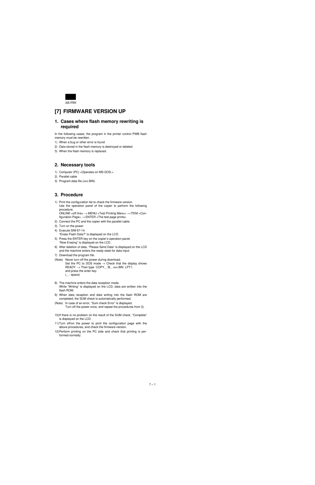 Sharp AR-PB8 specifications Firmware Version UP, Cases where flash memory rewriting is required, Necessary tools, Procedure 