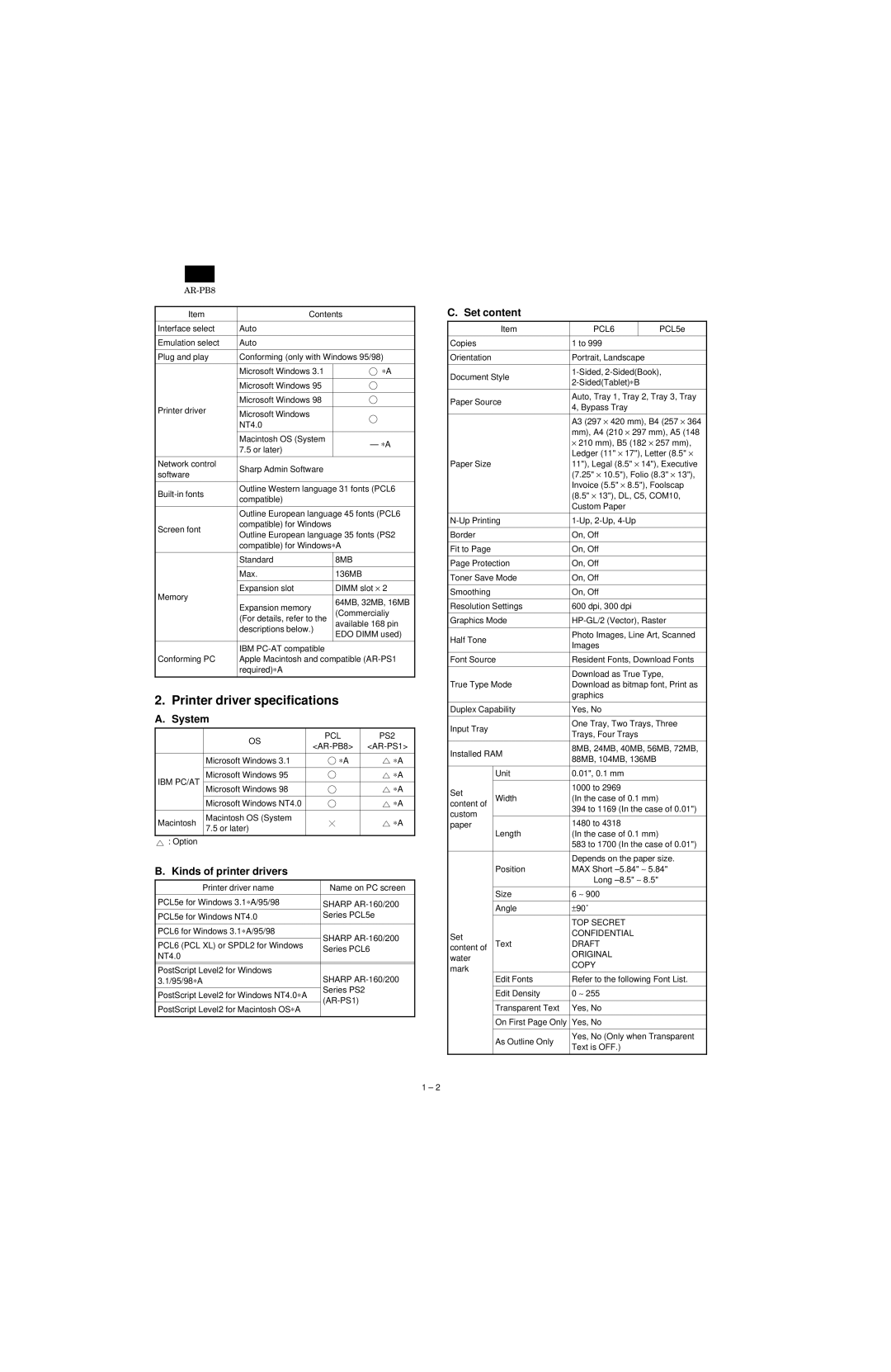 Sharp AR-PB8 Printer driver specifications A. System, Kinds of printer drivers, Set content 