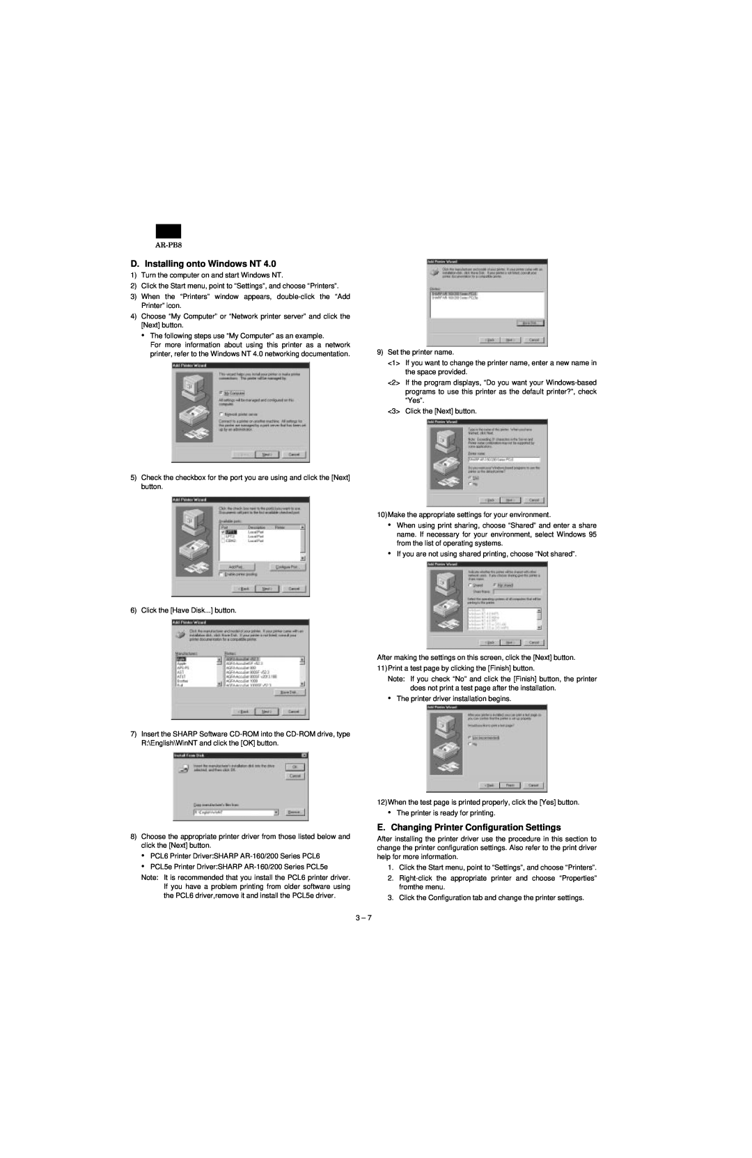 Sharp AR-PB8 specifications D. Installing onto Windows NT, E.Changing Printer Configuration Settings 