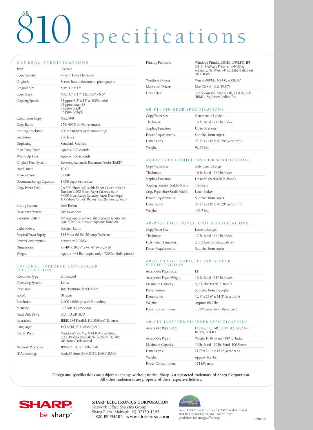 Sharp AR810 manual Specification s 