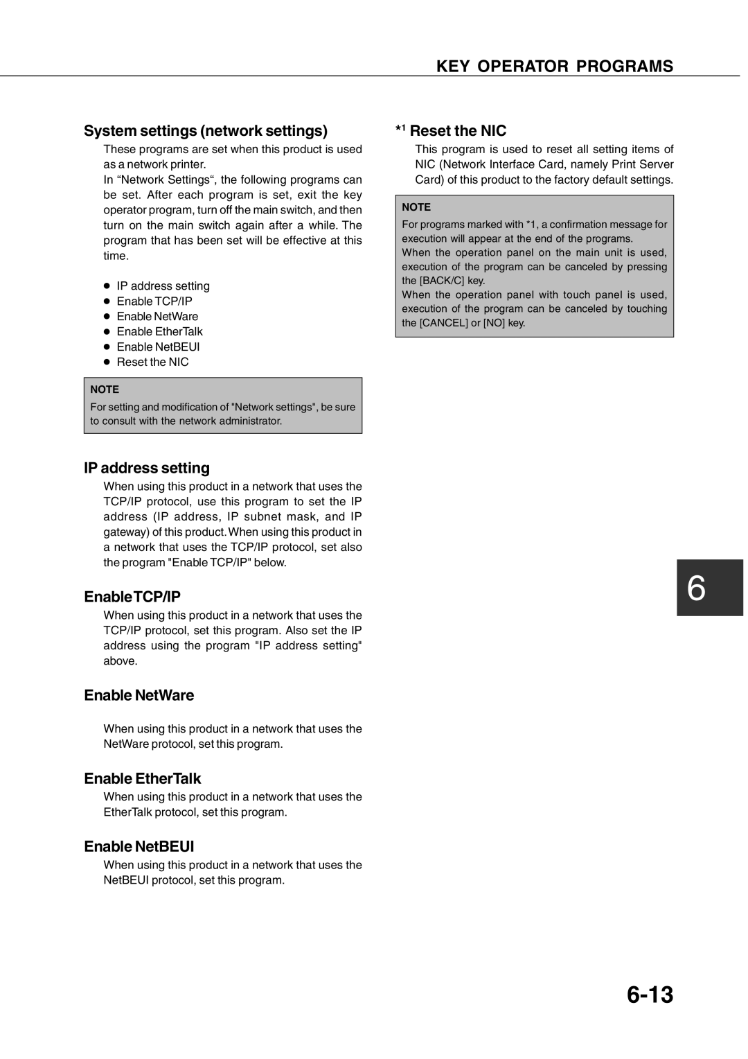 Sharp AR-350, AR_M280 System settings network settings, Reset the NIC, IP address setting, EnableTCP/IP, Enable NetWare 