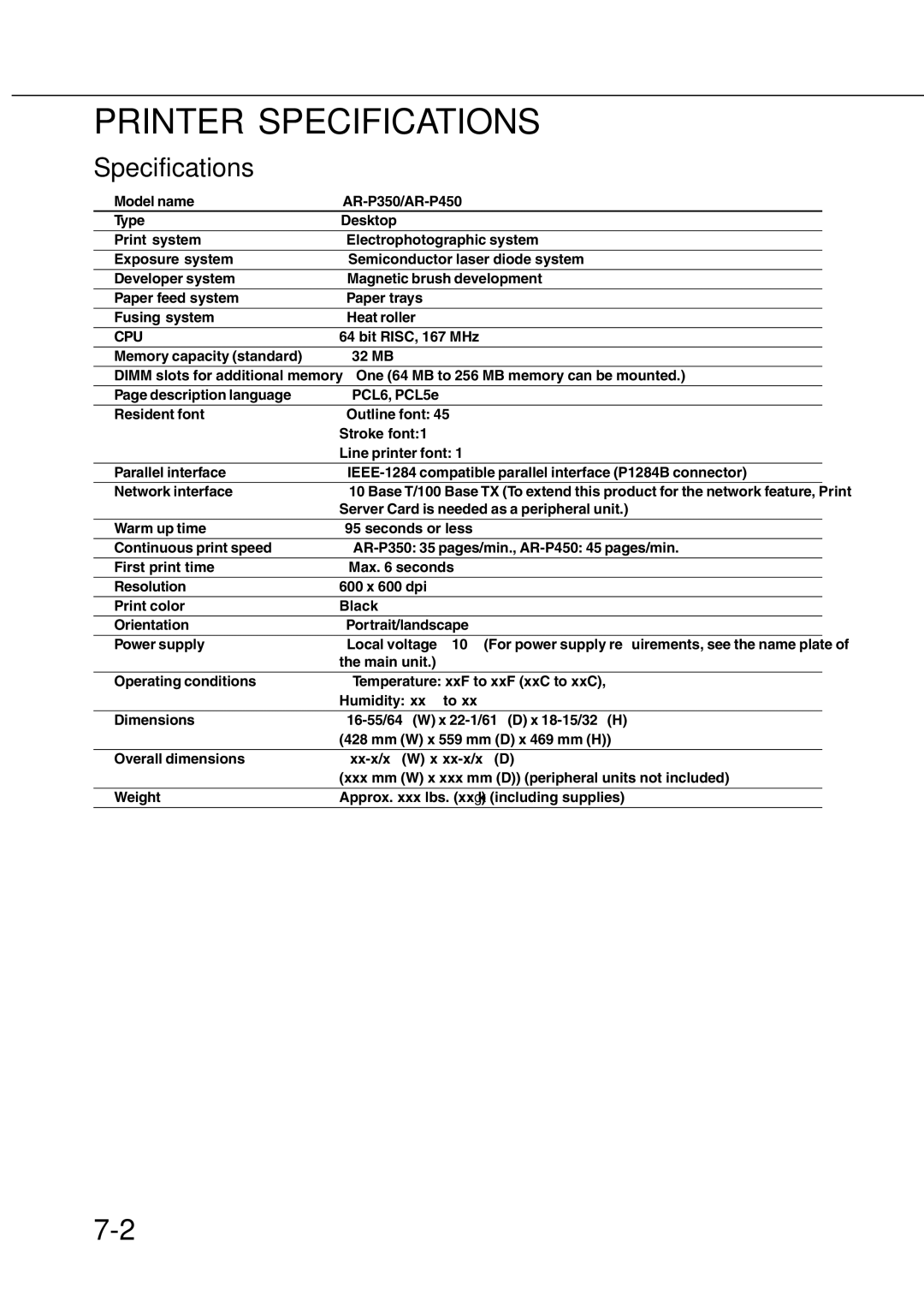 Sharp AR_M280, AR-350 operation manual Printer Specifications, Cpu 