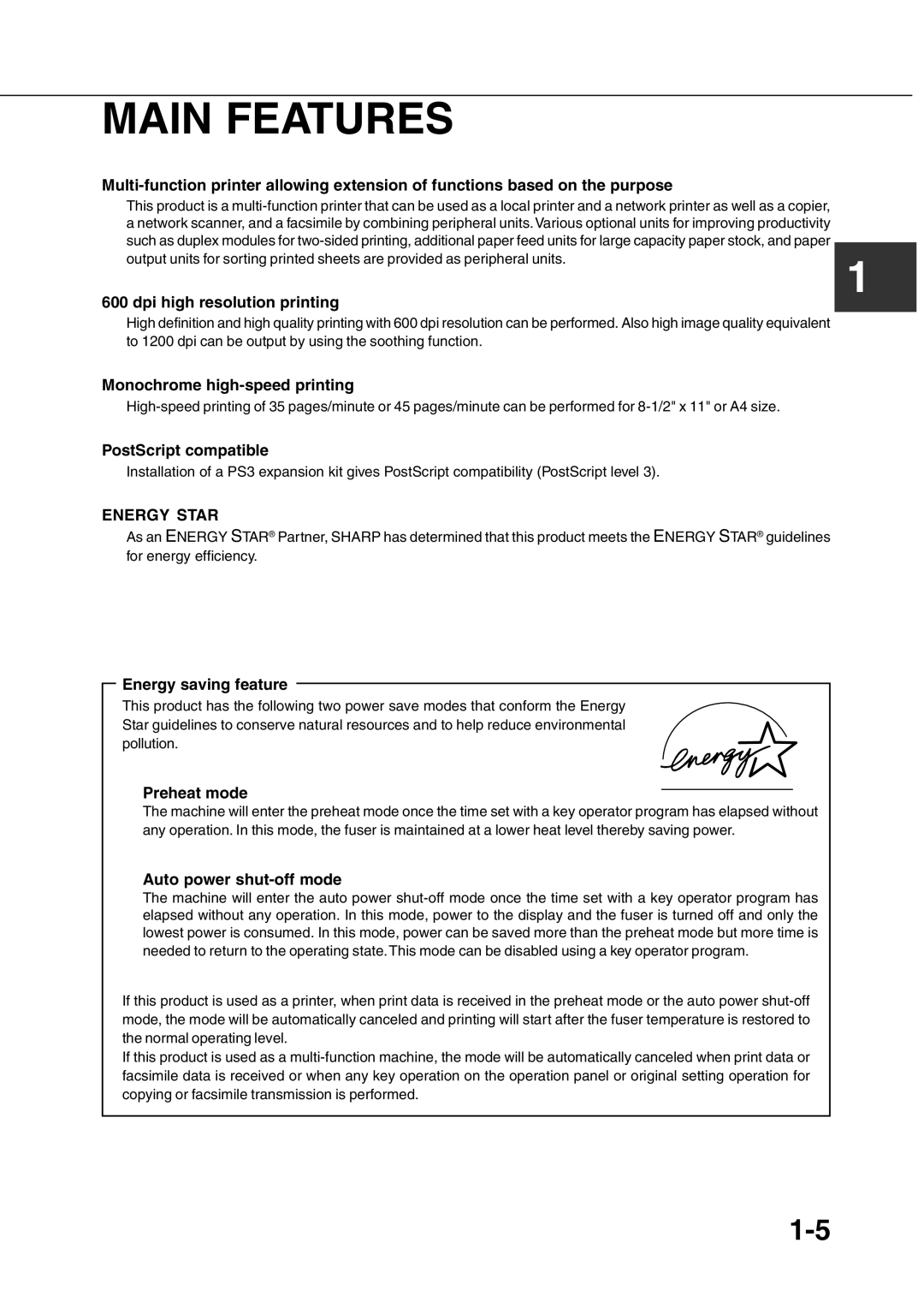 Sharp AR-350, AR_M280 operation manual Main Features 