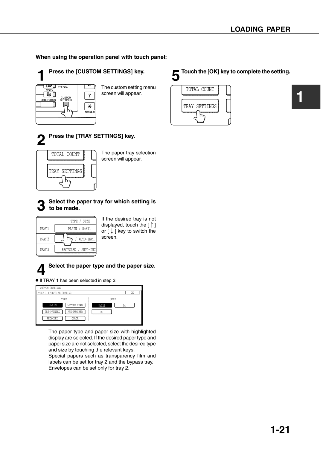 Sharp AR-350, AR_M280 Press the Custom Settings key, Press the Tray Settings key, Touch the OK key to complete the setting 