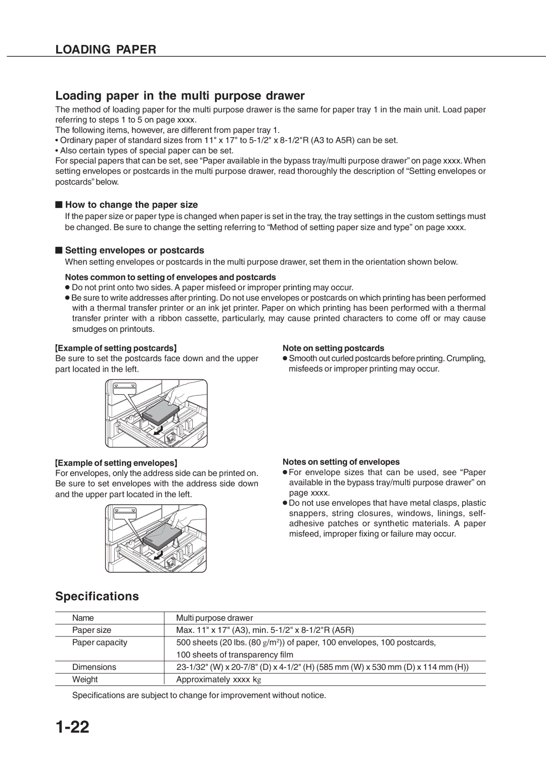 Sharp AR_M280, AR-350 Loading paper in the multi purpose drawer, Specifications, How to change the paper size 