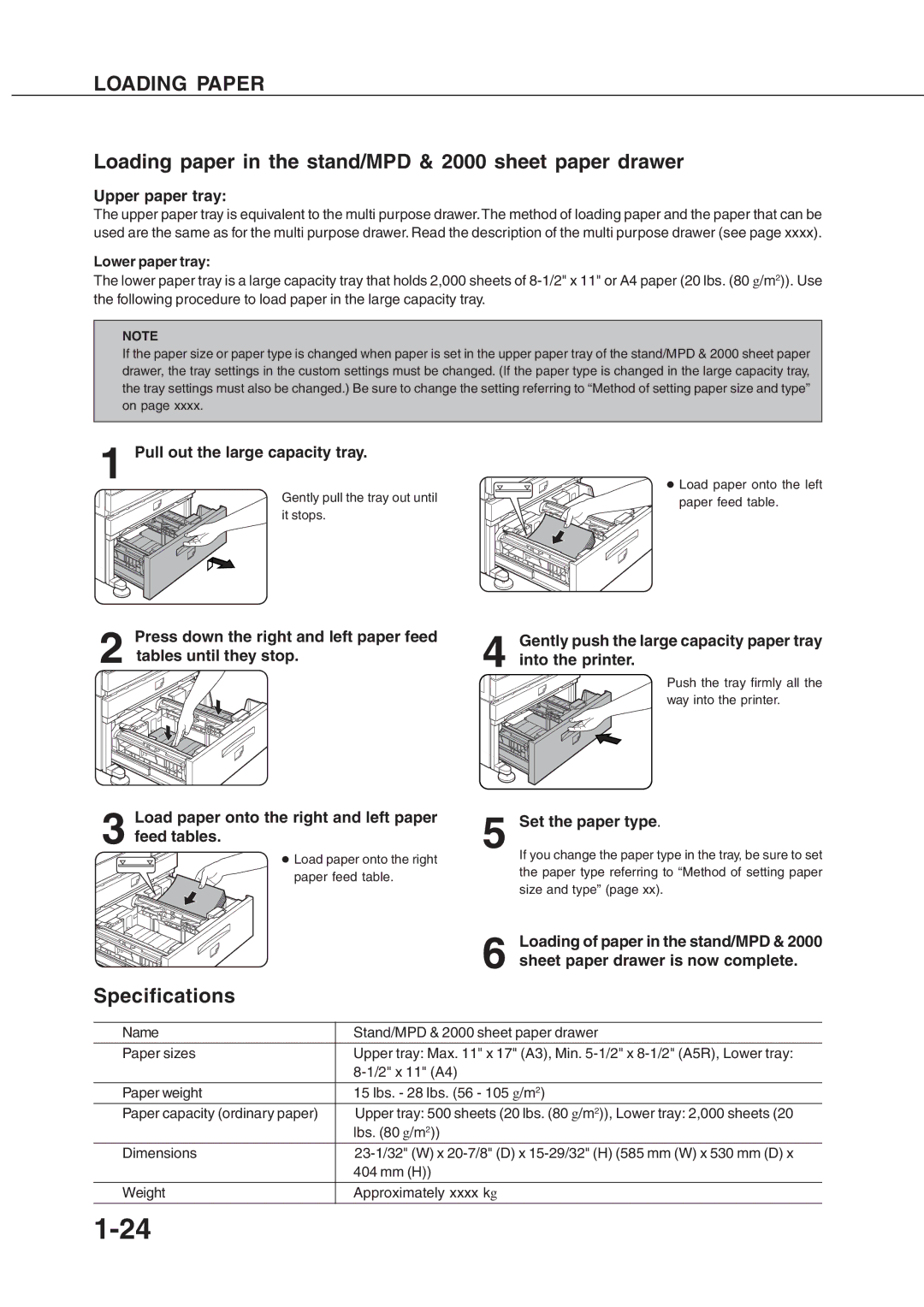 Sharp AR_M280 Loading paper in the stand/MPD & 2000 sheet paper drawer, Upper paper tray, Pull out the large capacity tray 