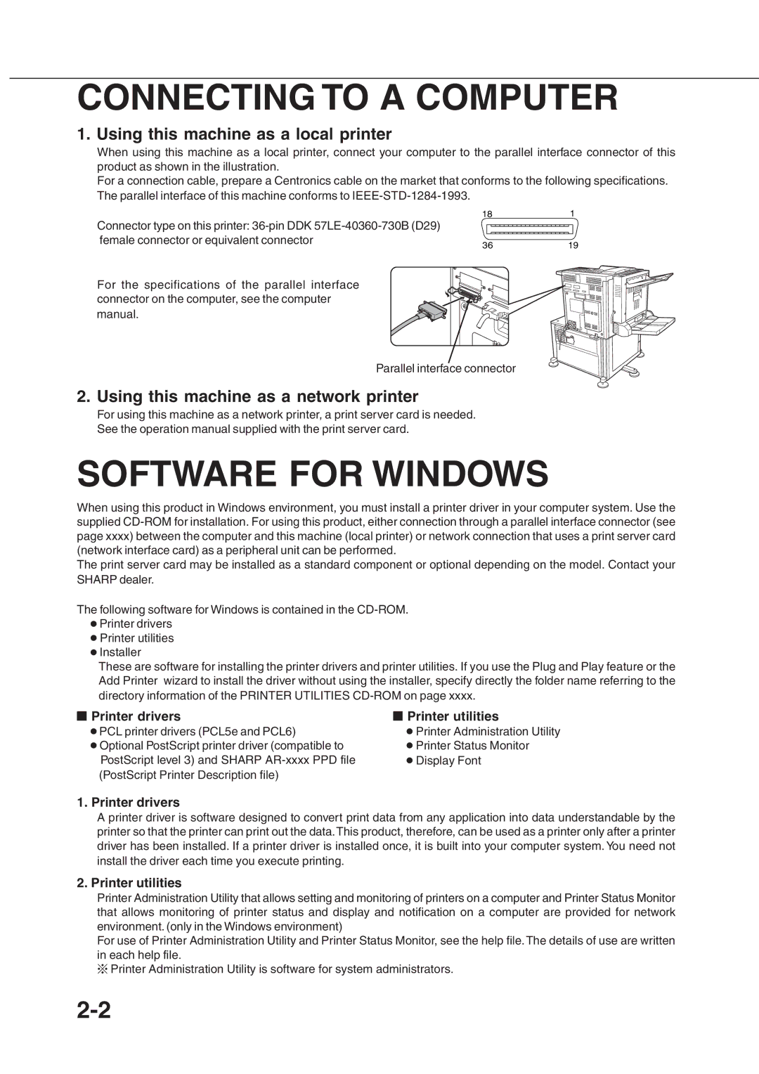 Sharp AR_M280, AR-350 operation manual Connecting to a Computer, Software for Windows, Using this machine as a local printer 