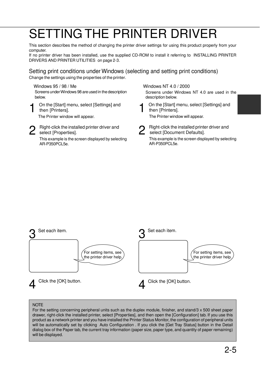 Sharp AR-350 Setting the Printer Driver, Windows 95 / 98 / Me, Right-click the installed printer driver Select Properties 