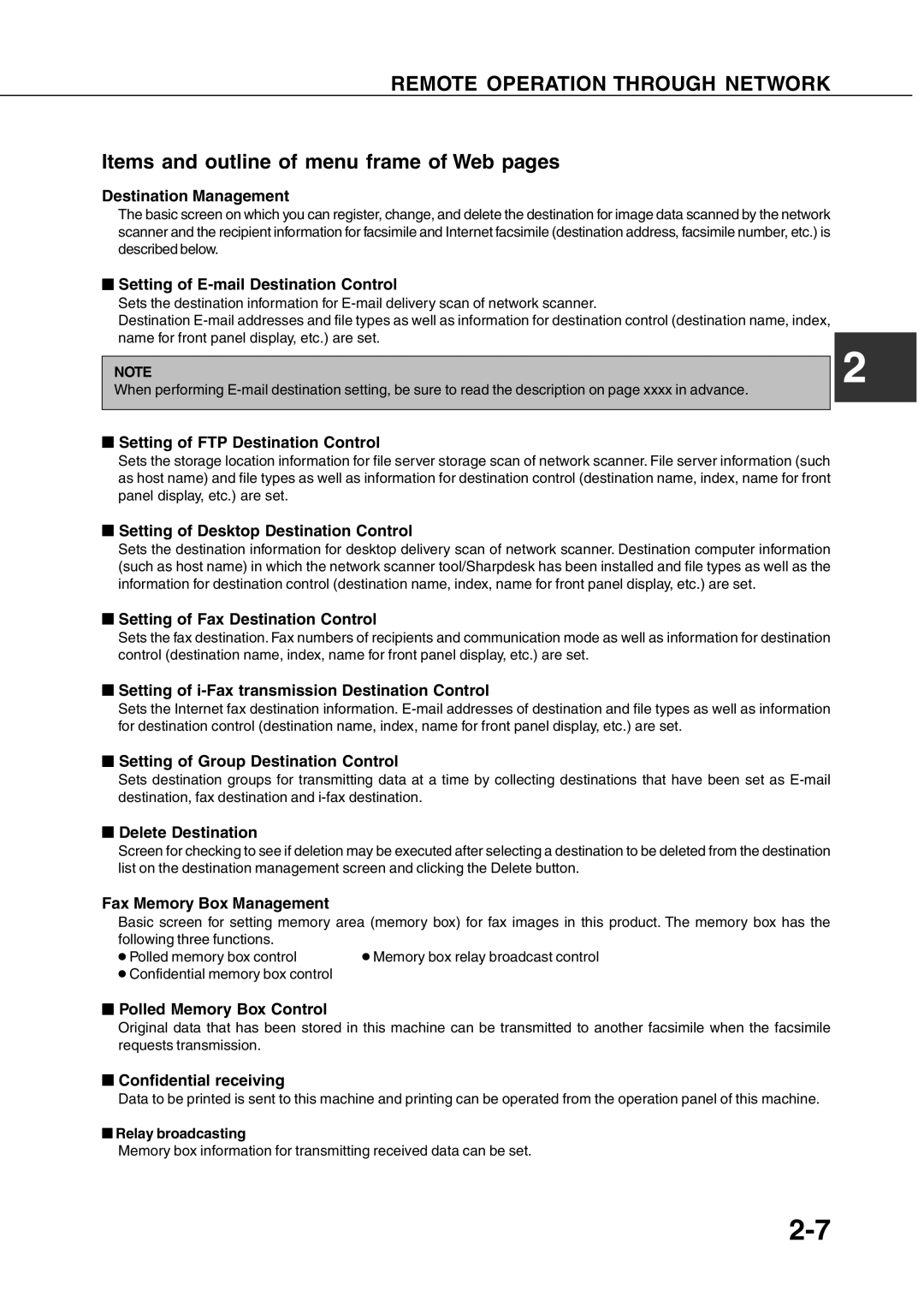 Sharp AR-350, AR_M280 operation manual Remote Operation Through Network, Items and outline of menu frame of Web pages 