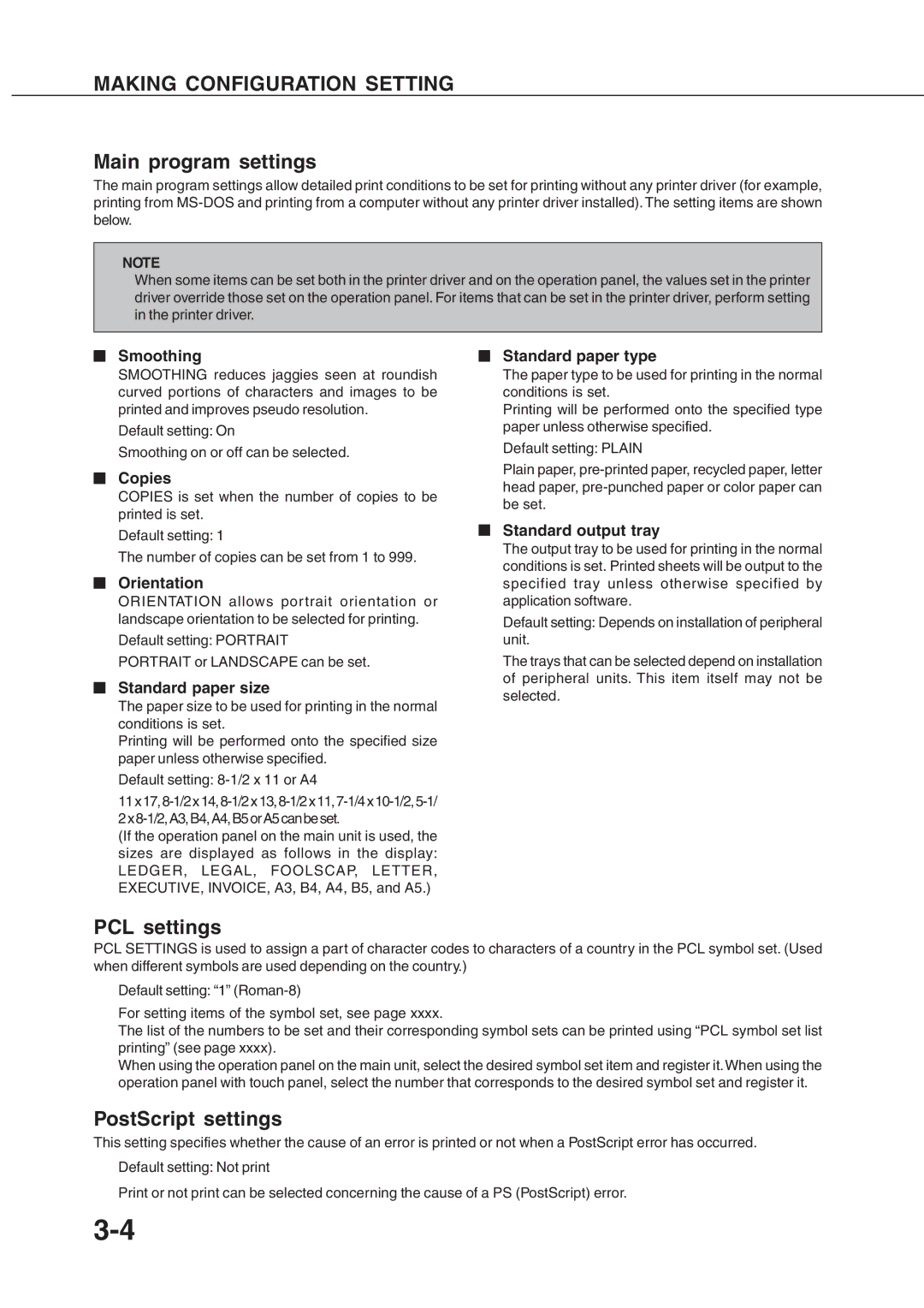 Sharp AR_M280, AR-350 operation manual Main program settings, PCL settings, PostScript settings 