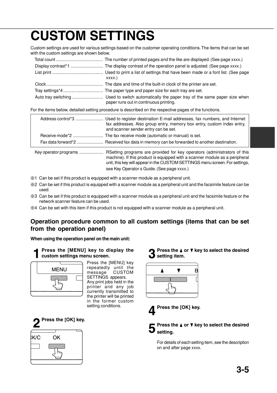 Sharp AR-350, AR_M280 operation manual Custom Settings, Press the Menu key to display Custom settings menu screen 