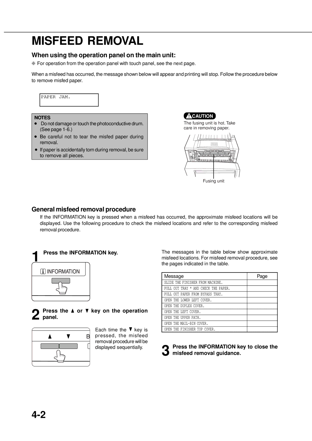 Sharp AR_M280, AR-350 Misfeed Removal, When using the operation panel on the main unit, General misfeed removal procedure 