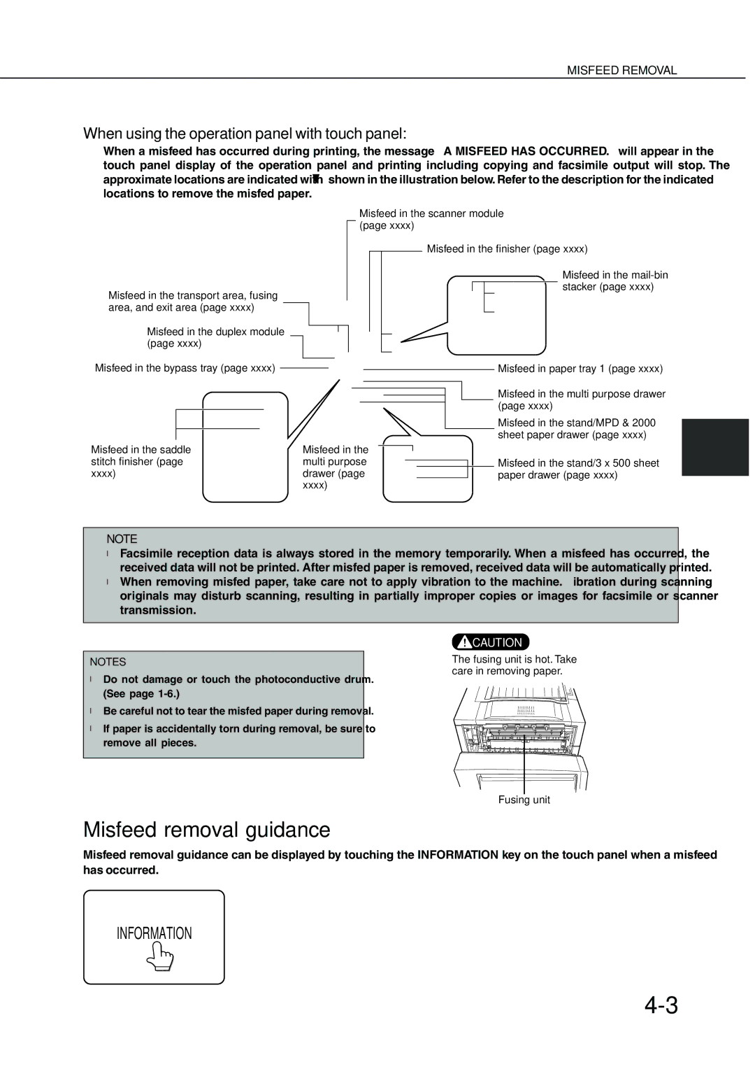 Sharp AR-350, AR_M280 operation manual Misfeed removal guidance, When using the operation panel with touch panel 