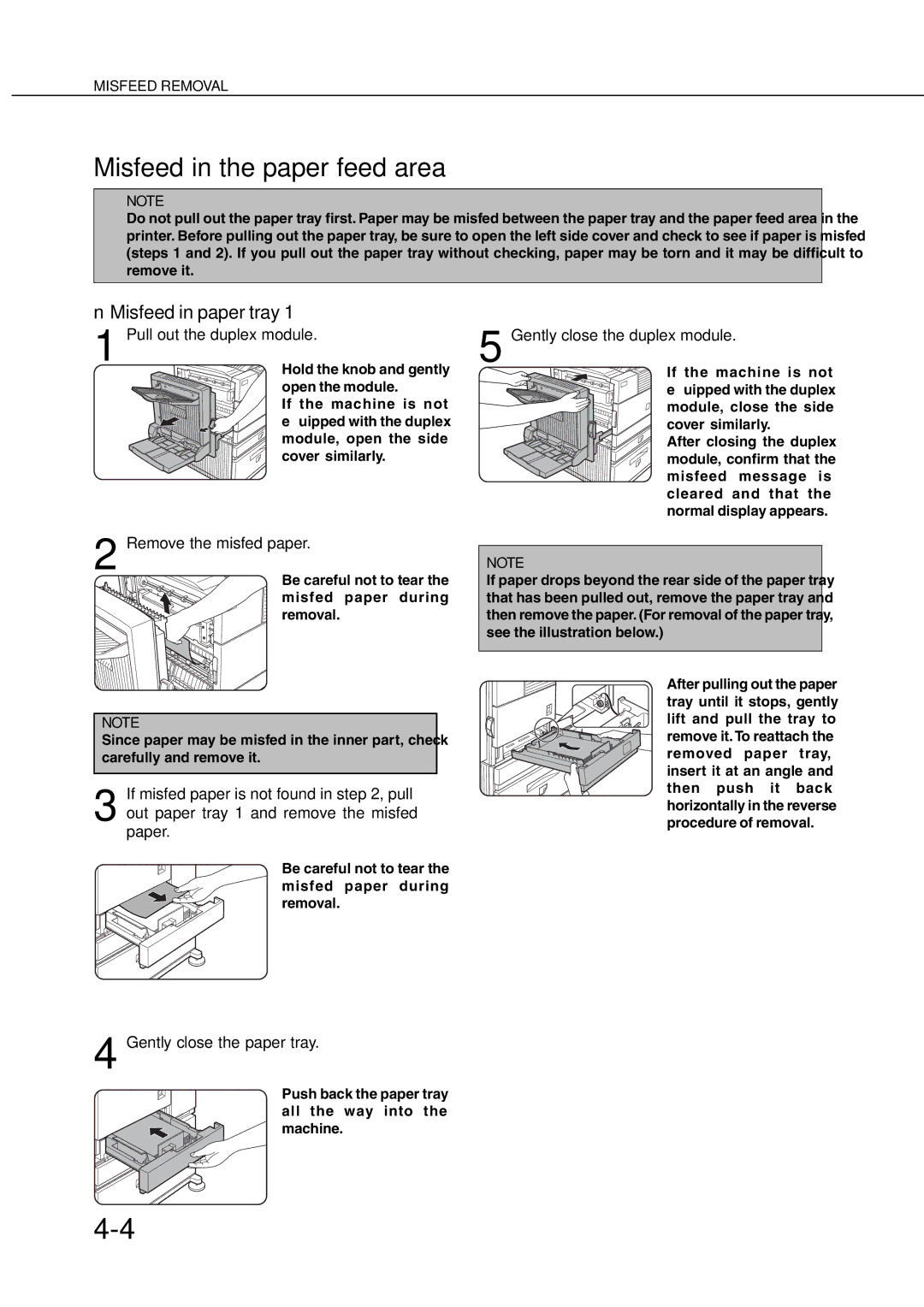 Sharp AR_M280, AR-350 operation manual Misfeed in the paper feed area, Misfeed in paper tray 