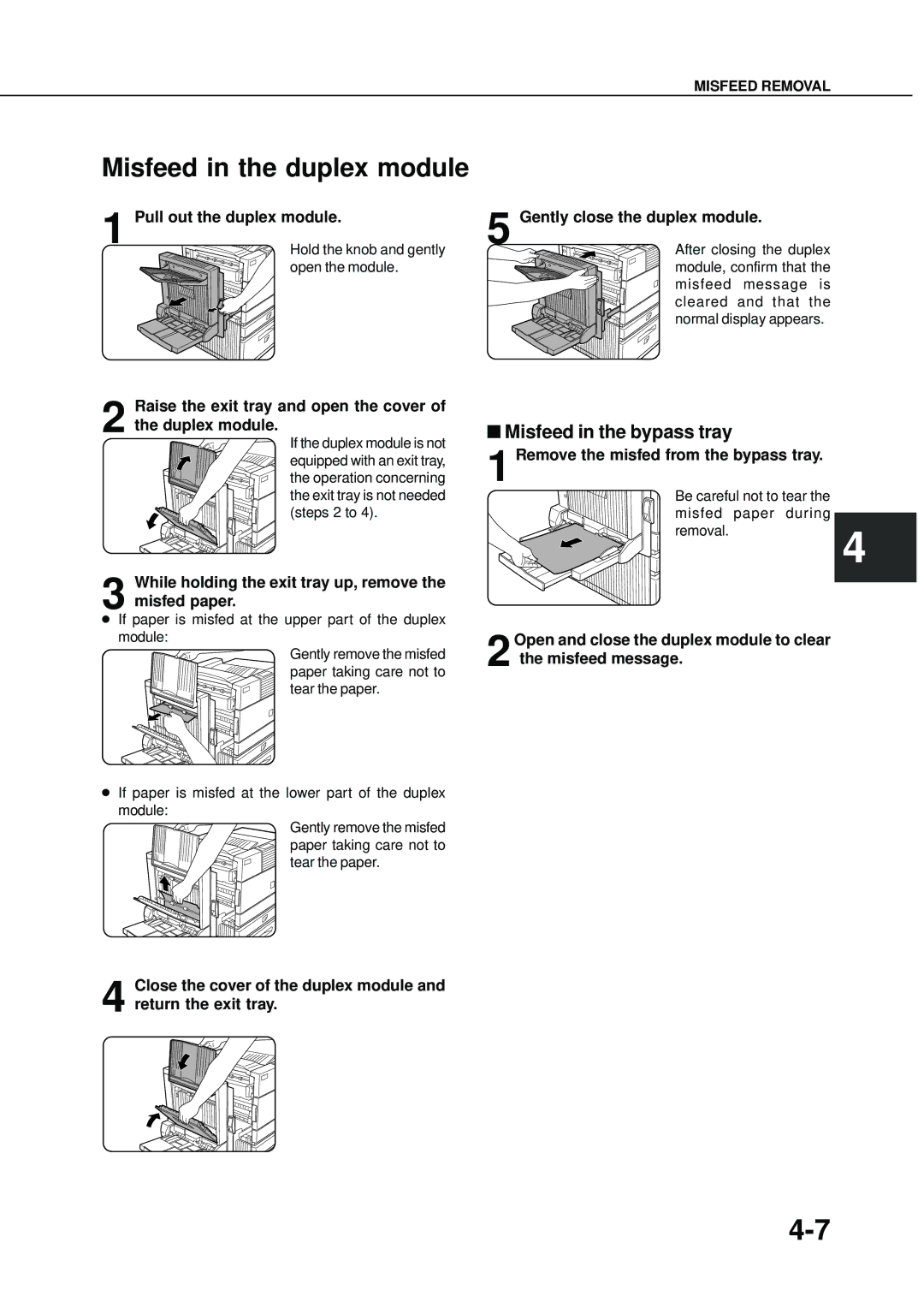 Sharp AR-350, AR_M280 operation manual Misfeed in the duplex module, Misfeed in the bypass tray 